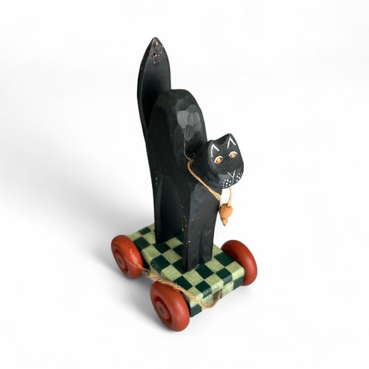 Folk Art Black Cat Pull Cart Wooden Figurine