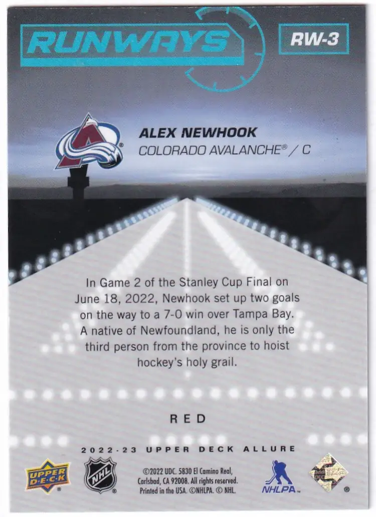 2022-23 Upper Deck Allure Runways Red #RW3 Alex Newhook Colorado Avalanche Hockey Card