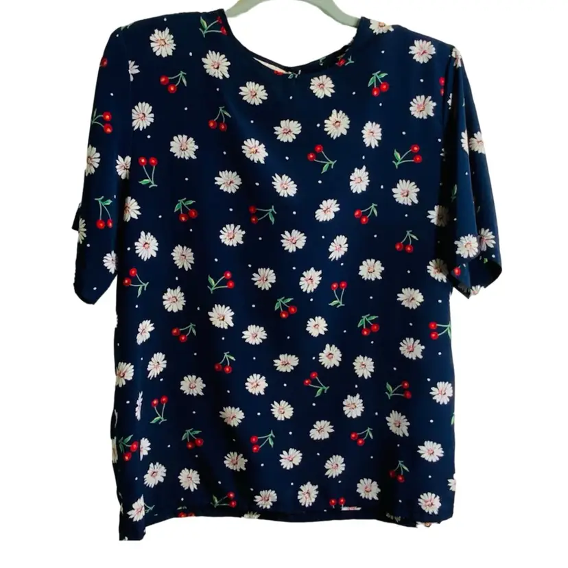 Navy Blue Polka dot White Daisy Red Cherries Rayon Blouse