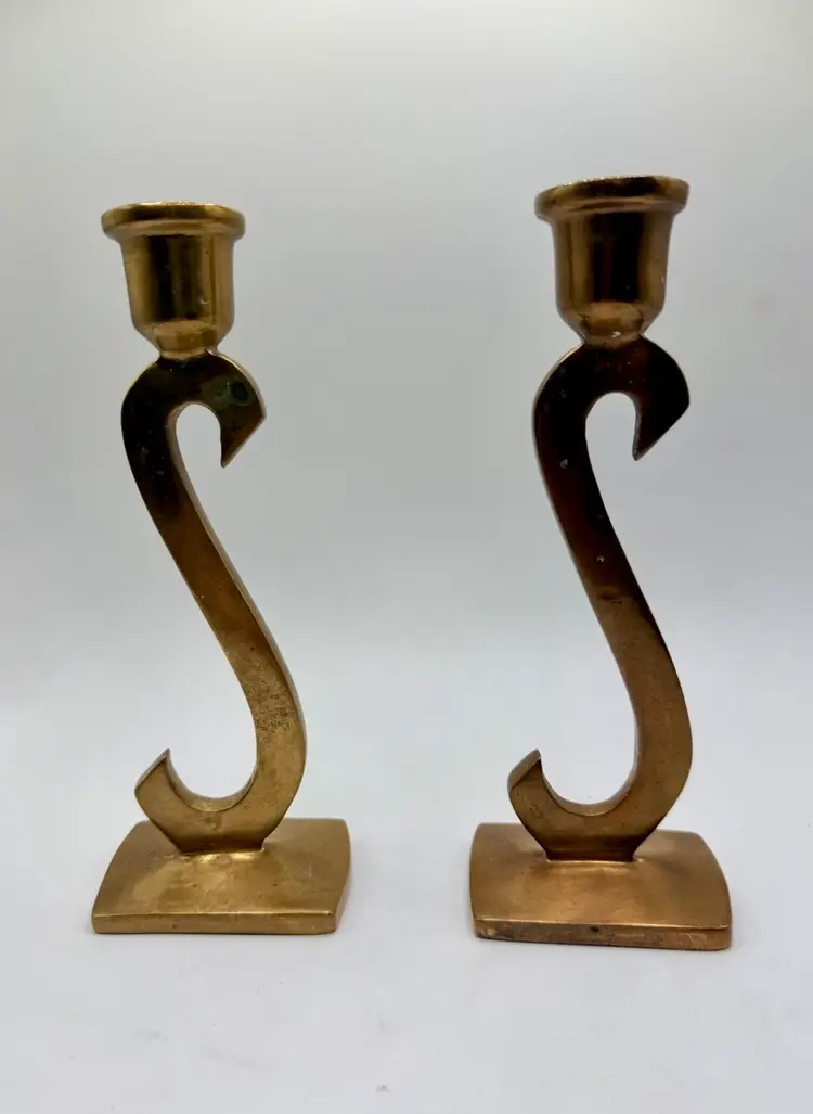 Vintage Heavy S Shaped Brass Candle Holders Set of 2 Solid Brass Metal Patina