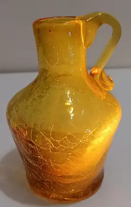 Vintage Amber Hand Blown Crackle Glass Vase With Applied Handle; IT GLOWS!
