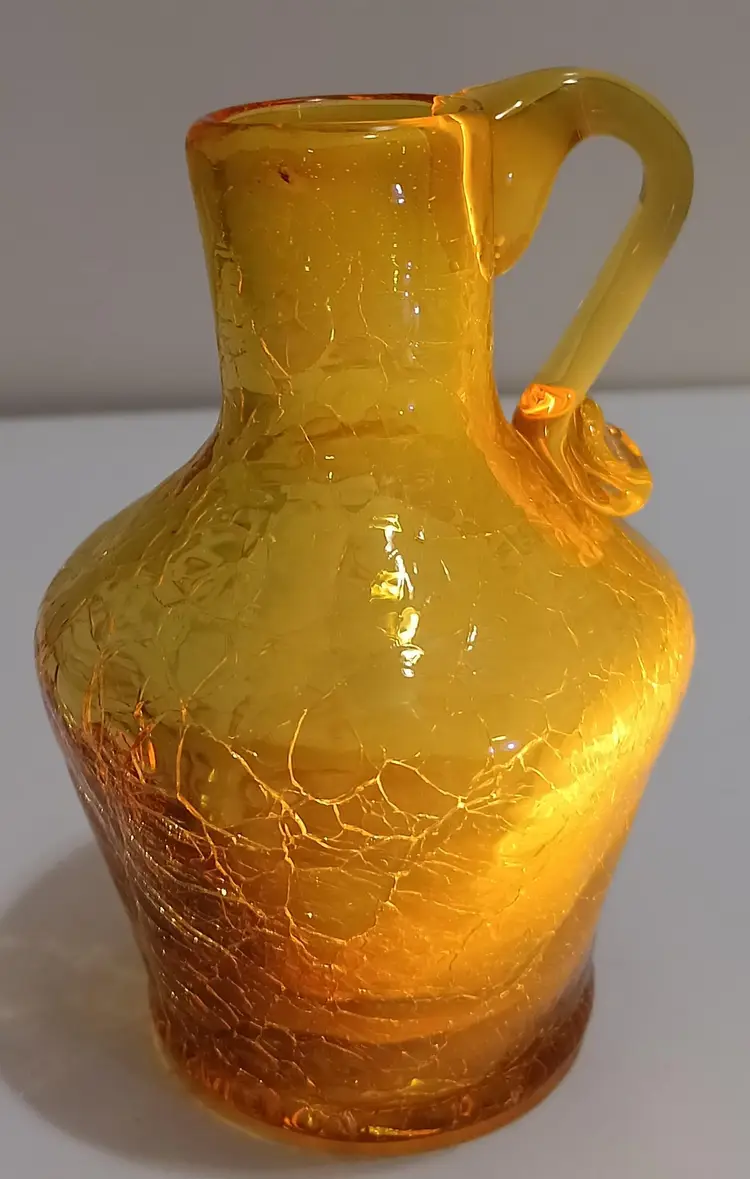 Vintage Amber Hand Blown Crackle Glass Vase With Applied Handle; IT GLOWS!