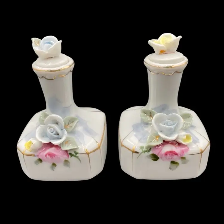 2 Vintage Ucagco Hand-Painted Porcelain Floral Perfume Bottles w/Stoppers, Japan