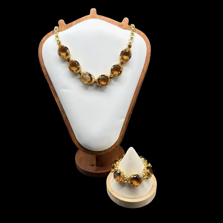 Riviere Statement Necklace & Bracelet Set Smokey Topaz Glass Collet Vintage