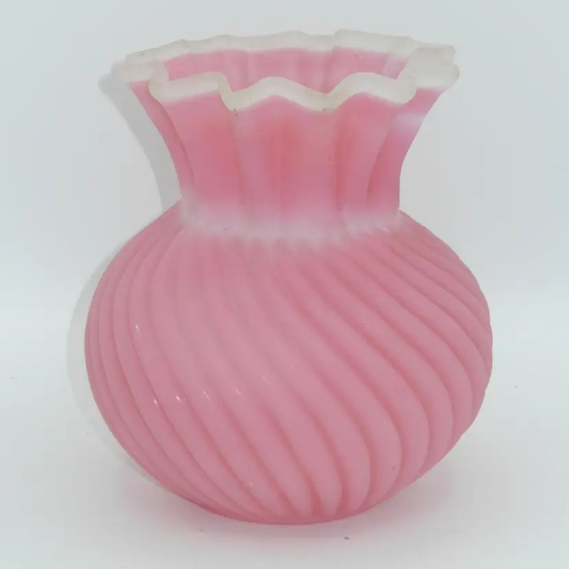 Antique Franz Welz Bohemian Cased Pink Satin, Crimped Swirled Short Vase