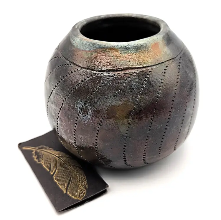 Raku Art Pottery Brown and Gray Metallic Bulbous Vase Signed RR