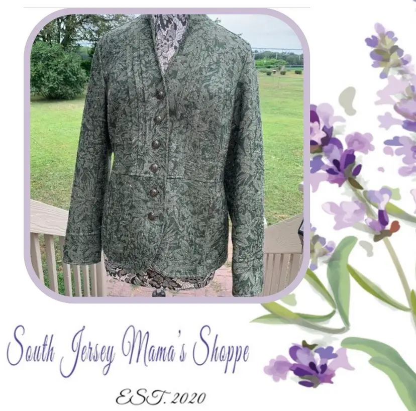 Coldwater Creek Size 12 Tweed Blazer Forest Green Leaf Design