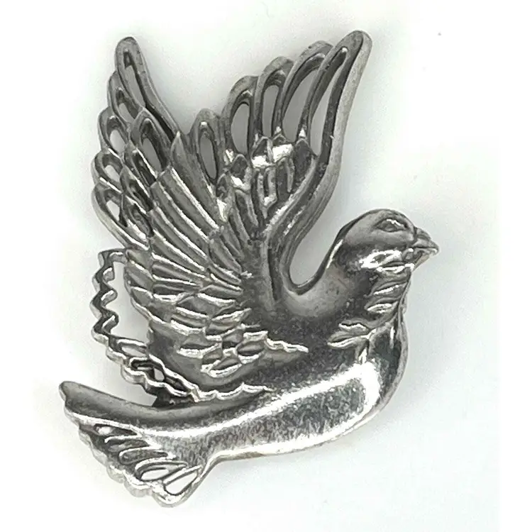 VTG 1950's Signed HP Pewter Turtle Dove Bird BROOCH 2.5" Pin / Pendant Silver