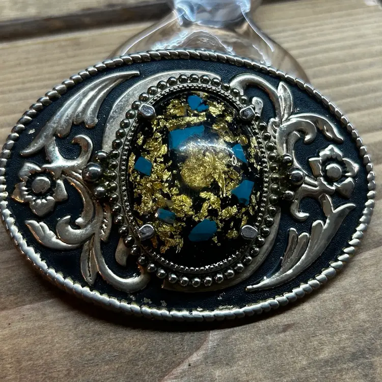 Gold Flake Turquoise Southwest Hippie Boho Western Cowgirl VTG Belt Buckle