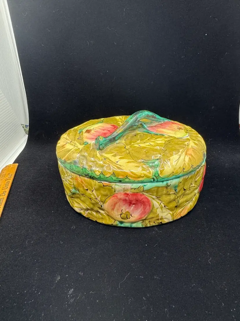 Vintage Italian Ceramiche Lidded Keepsake Box with Hand Painted Fruit Pears Plums Peaches Artist Signed M.B.D made in Italy Trinket Box, 7” Wide