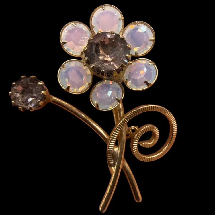 vintage mid-century gold-tone flower brooch with aurora borealis Moonstone rhinestones.