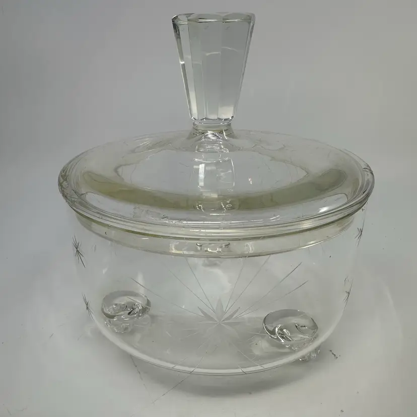 Vintage Etched Floral Crystal Glass Candy Dish Bowl with Lid