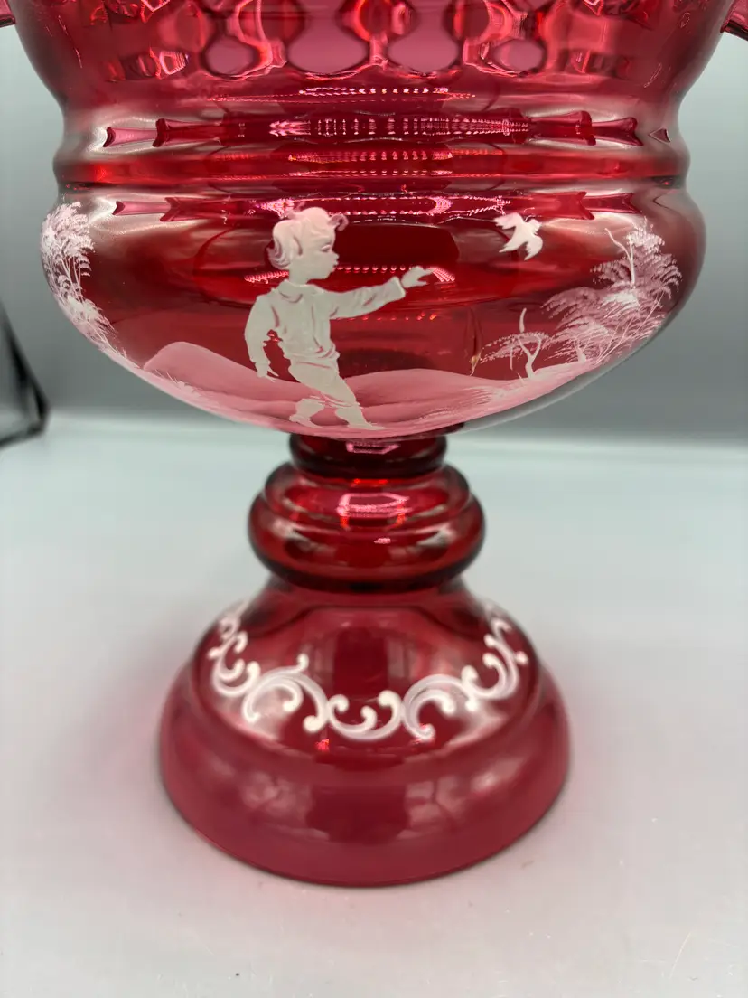 Large Fenton May Gregory cranberry glass pedestal vase