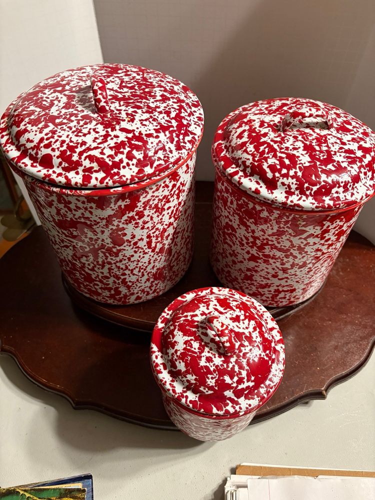 3 Piece Red And White Splatter Enameled Canister Set