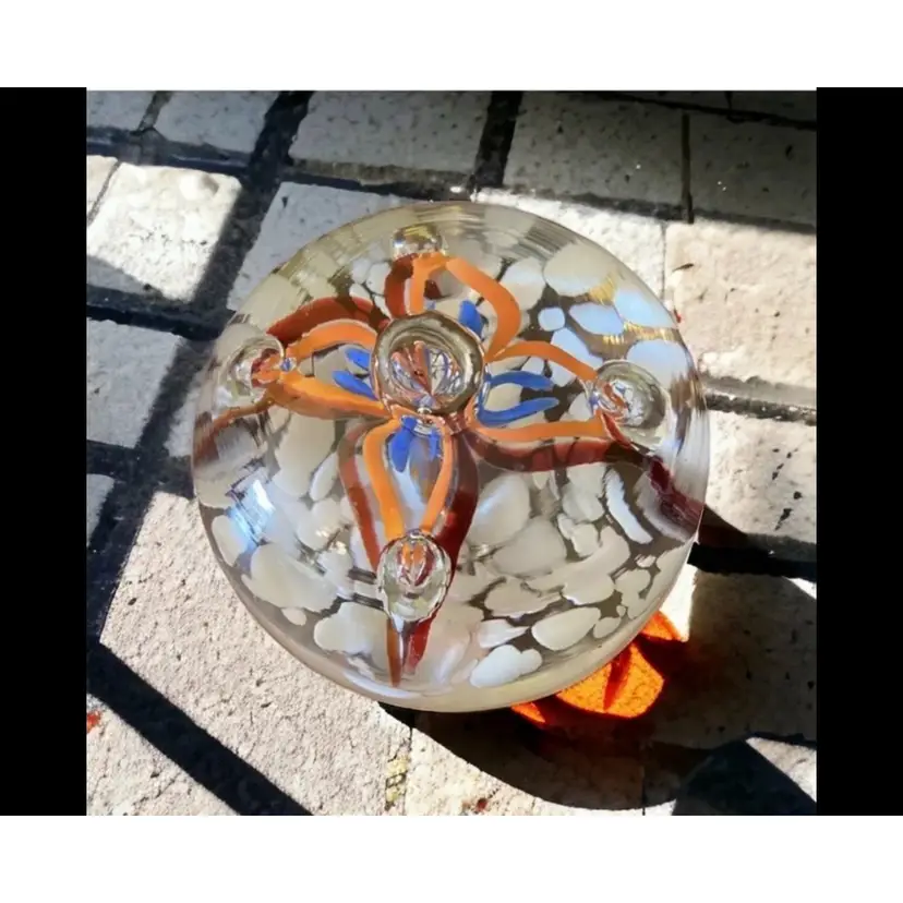 Vintage Art Glass Paperweight Orange Red Blue Flower Control Bubble 2.5 In