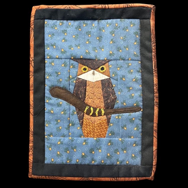 Handmade Quilted Owl Wall Art, Quilted Owl Wall Hanging, Stitched Signed “Mary’s Garden”, Owl On Branch Fabric Art
