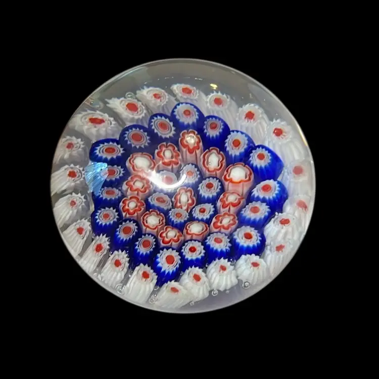 14. Vintage Hand Blown Millefiori Glass Paperweight Red Blue White 2-1/2” Tall