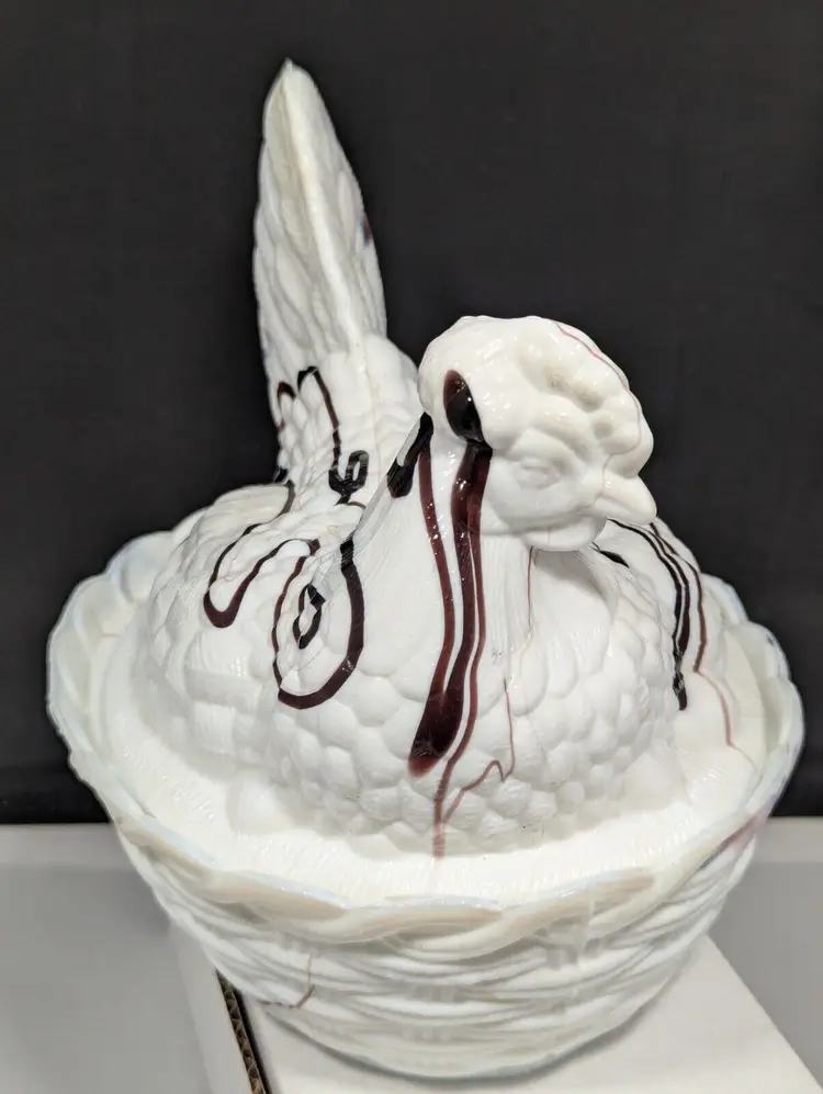 Vintage  Large Covered Slag Glass Chicken On Nest Dish  NICE !!