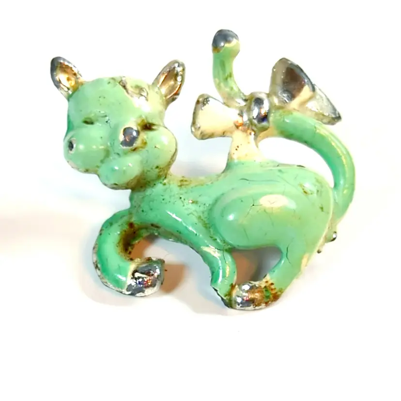 Vintage Green Enamel Cat Silver Tone Brooch Pin 1 Inch Tall