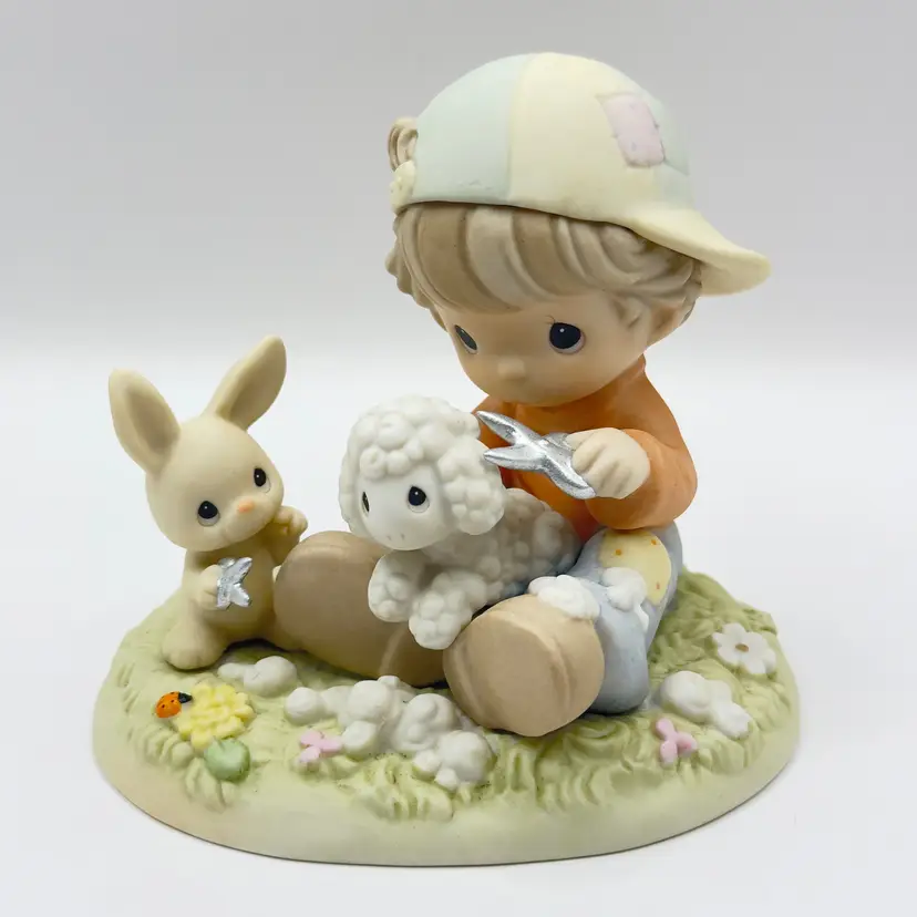Vintage 1999 “Shear Happiness And Hare Cuts”Boy with Bunny Rabbit and Lamb Figurine, Designed By Samuel J. Butler, for Precious Moments by Enesco, Made in Indonesia, MPN 539910, Signed