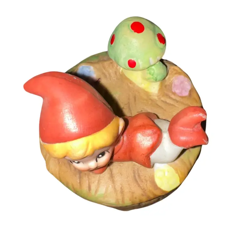 Vintage Homeco Elf and Mushroom Trinket Lidded Jewelry Box Ring Dish