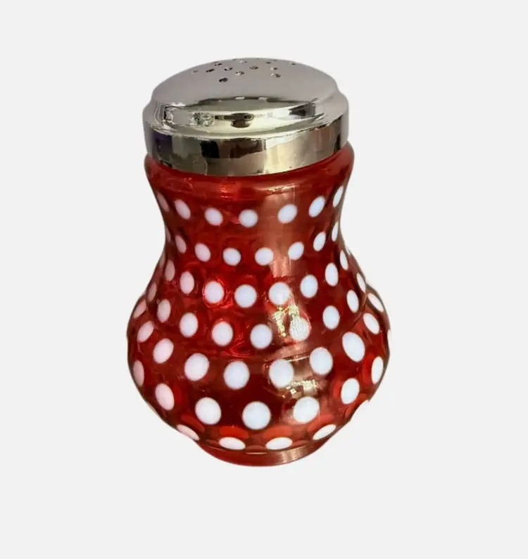 Fenton Glass sugar shaker in the Cranberry Opalescent Dot pattern Kitchen Decor