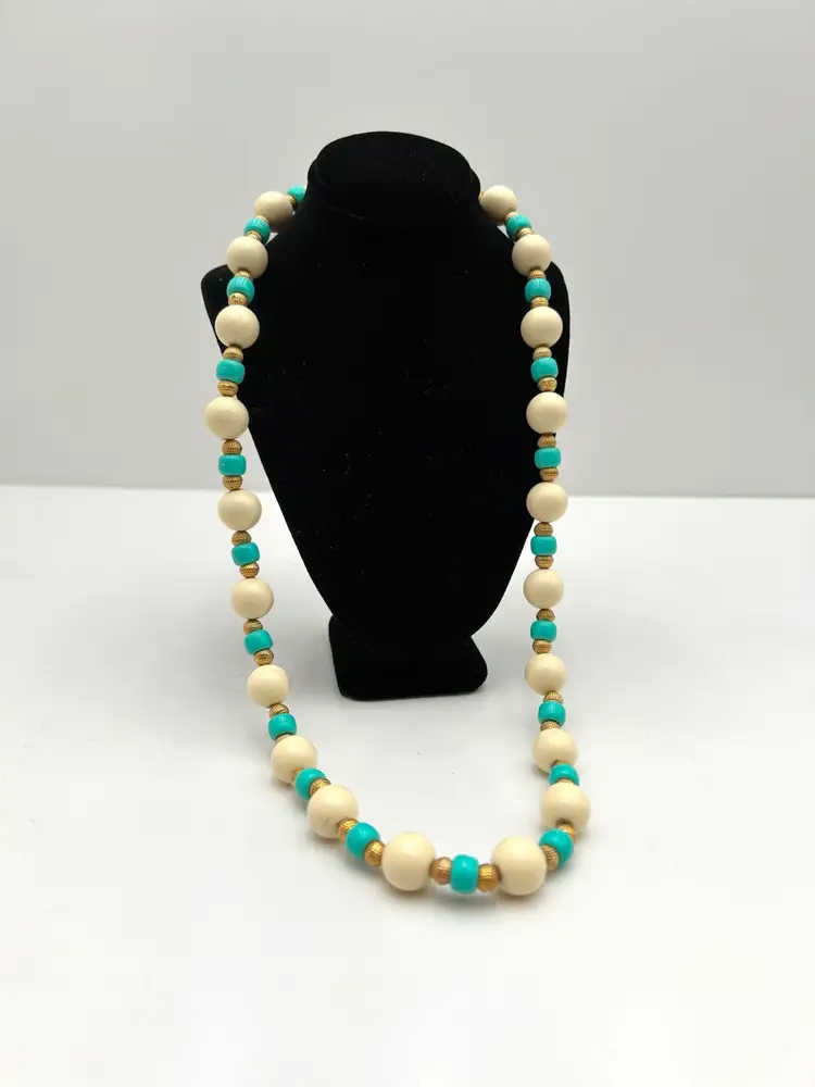 Aqua Blue, Gold, And White Long Beaded Vintage Necklace