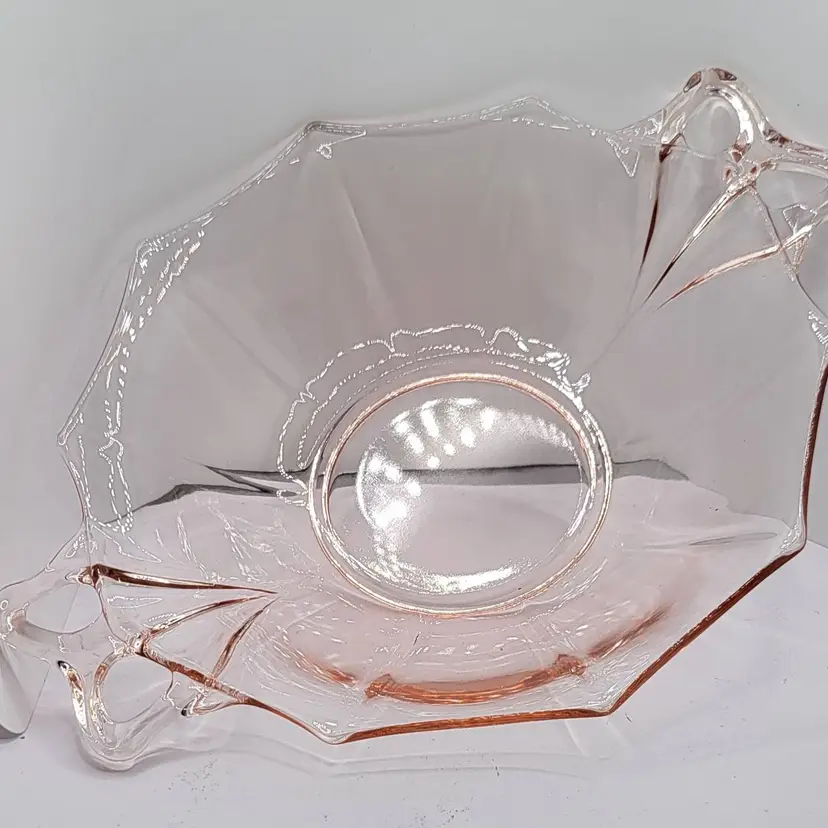 Vintage Pink Fostoria Fairfax Depression Glass Serving Bowl 10 sided decagon with bow shaped handles  11.75 " with an 8" bowl