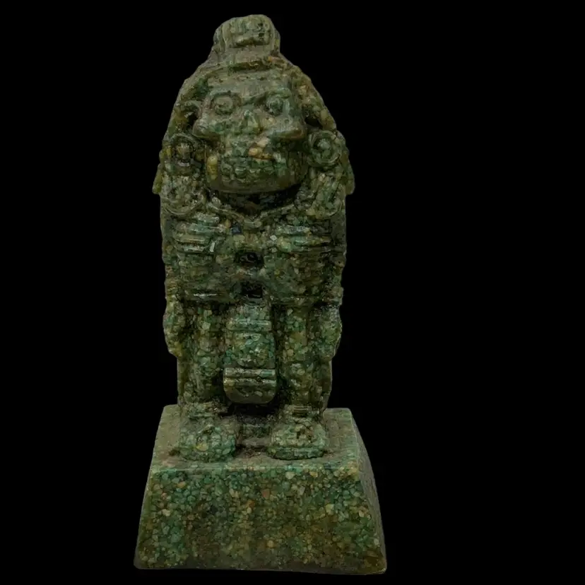 Vintage Aztec-Inspired Stone Figurine MCM Crushed Malachite Resin Mayan Statue *As is*