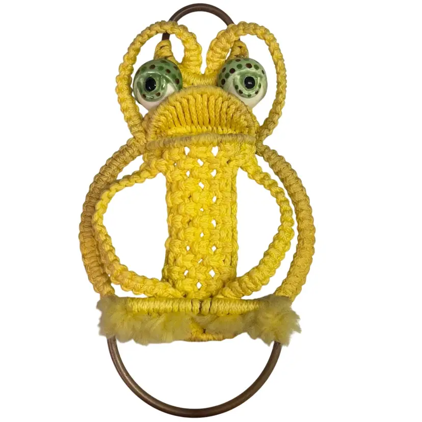 Vintage Macrame Frog Yellow Towel Rack Holder 20”x11”
