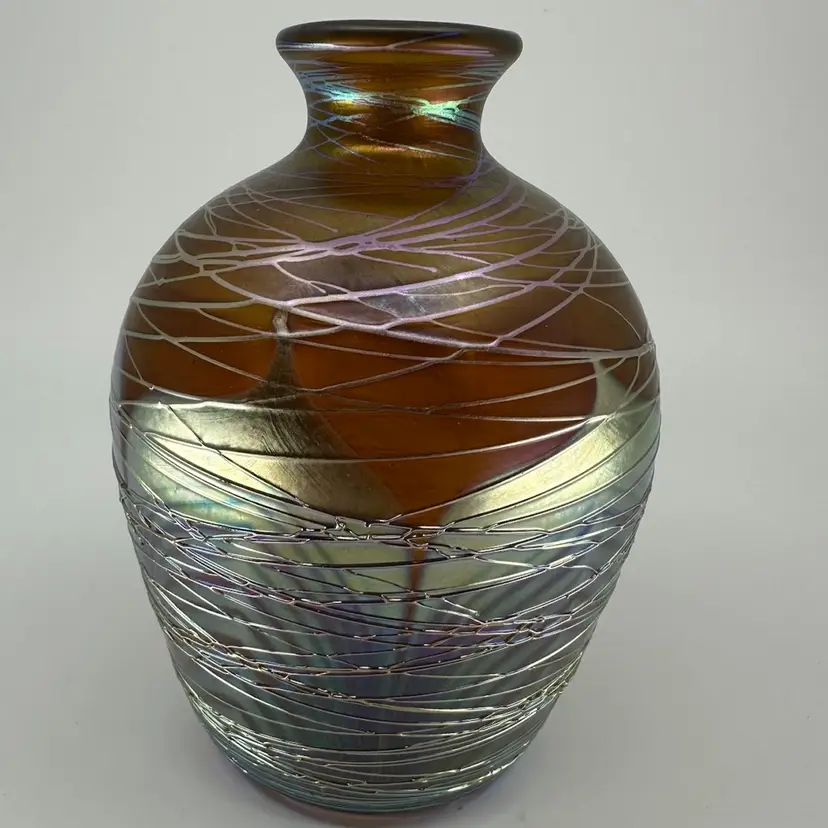 Correia Threaded Art Glass Vase Feather Pattern Signed