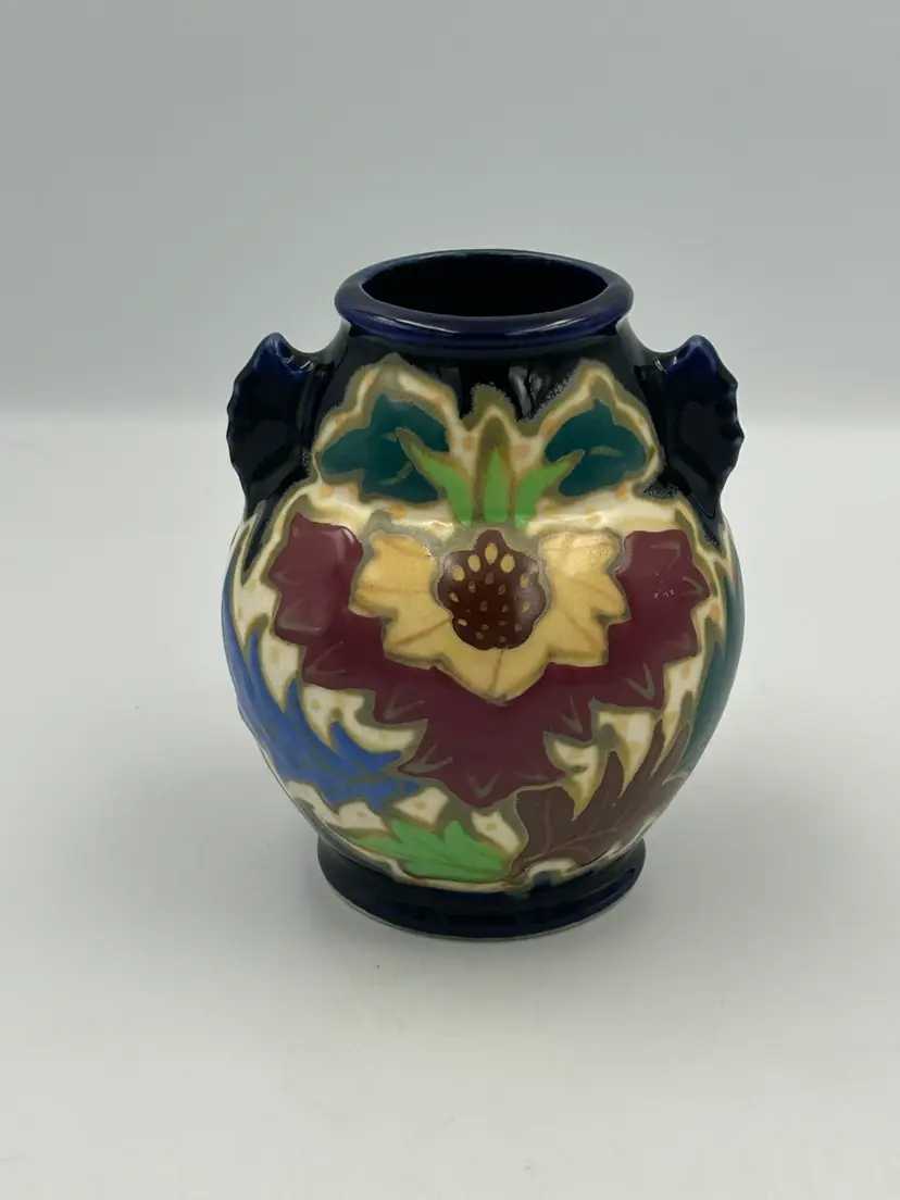 Vintage Awaji double handled pottery Vase cobalt blue, and floral design Japan