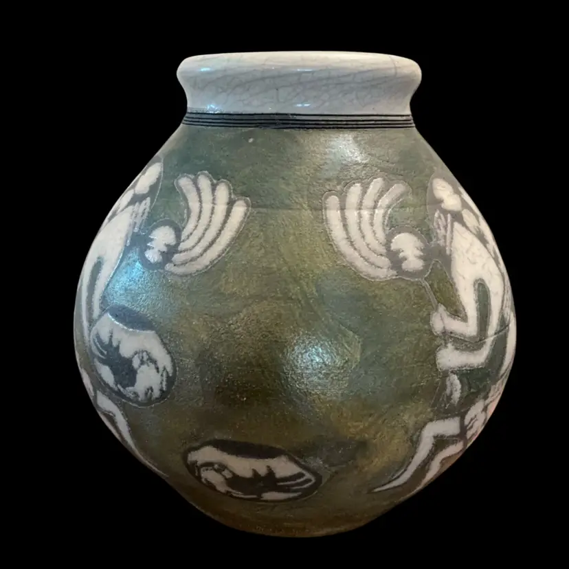 2004 Ben Diller Raku Pottery Kokopelli Design Vase 8”x 8”