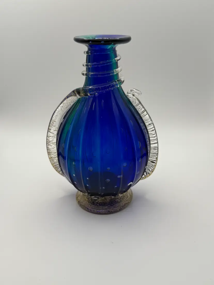 Vintage Cobalt Blue Green Gold Flecks Pulegoso Perfume Bottle w/Wrapped Snake