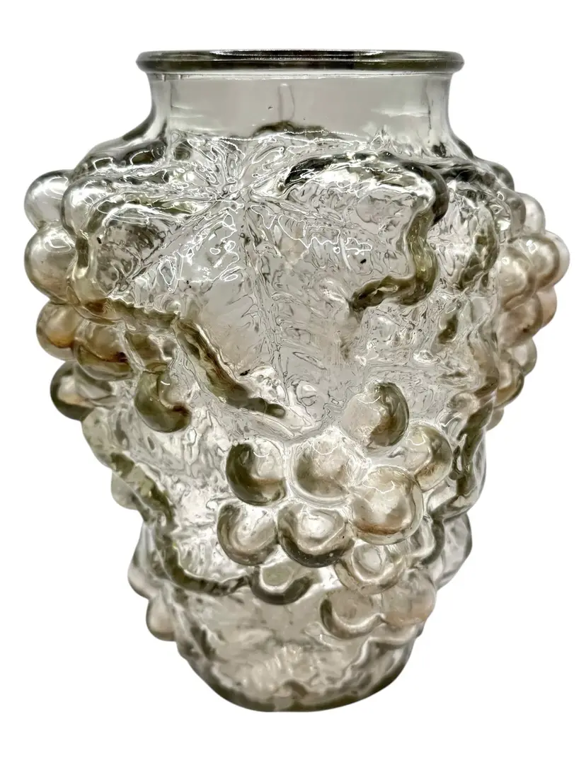 Antique Pressed Glass Vase Jar Grape Cluster Smoky Smoke Gray Goofus Embossed 7”