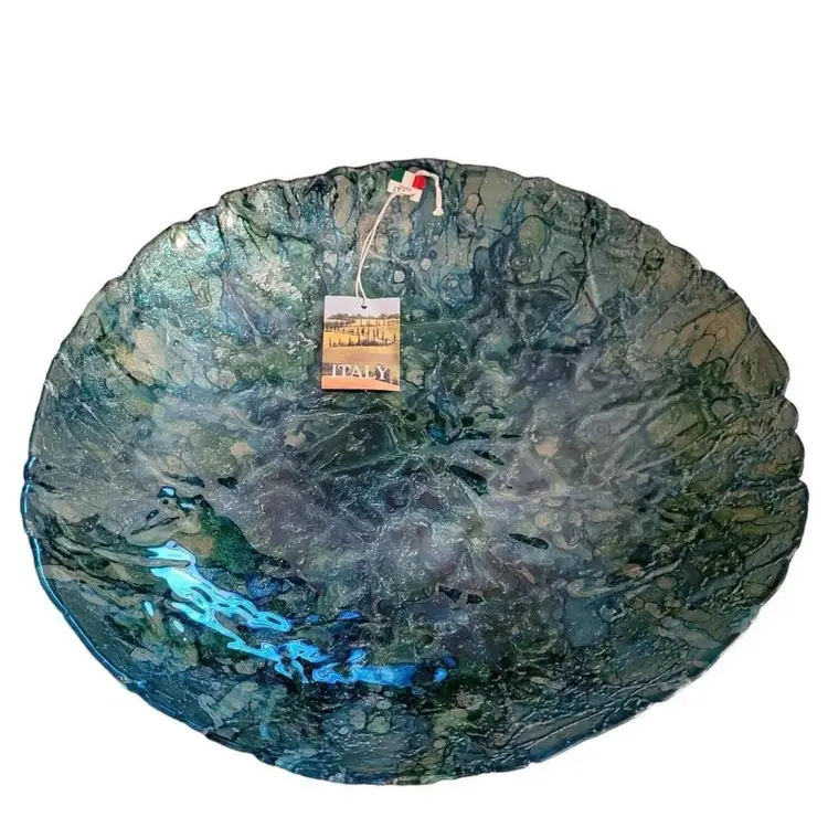 Italian Large 15.5" Round Blue Irisescent Glass Bowl with Silver Metallic Bottom Tuscany