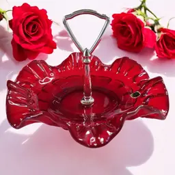 Vintage 8" Westmoreland Ruby Red Ruffled  Glass Tidbit Serving Tray with Handle