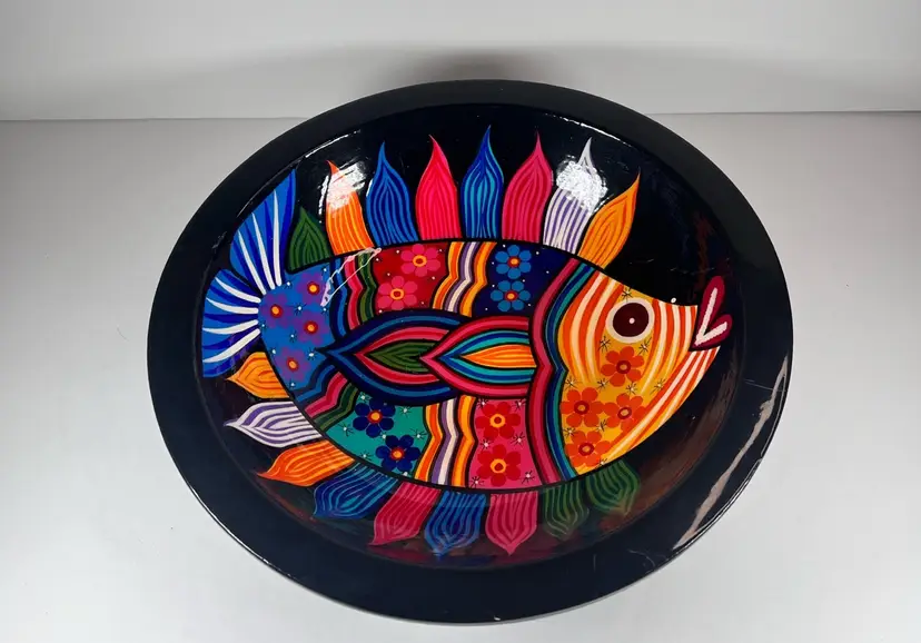 Mexican Folk Art Lacquer Wood Bowls Colorful Fish Peacock Motif  Hand Painted