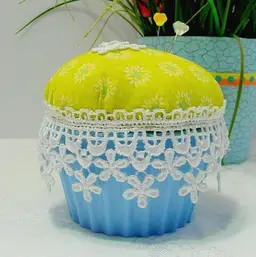 Handmade Yellow Floral Fabric Blue Cupcake Shape Pincushion White Flower Lace Accents