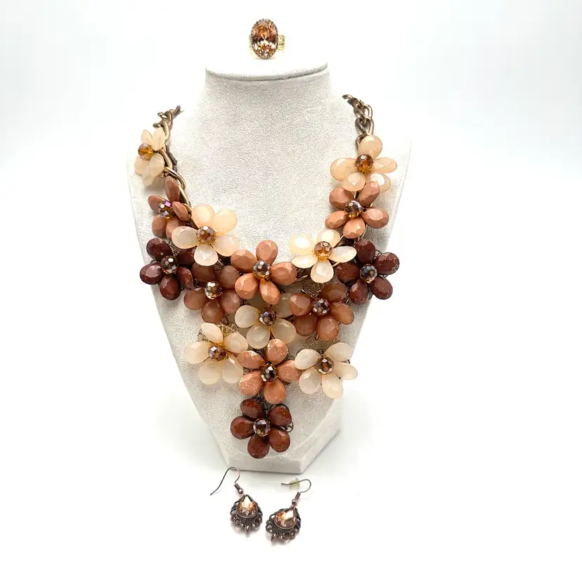 Floral Brown Peach Necklace Earring Ring Paired Set Gold Tone Bridgerton Inspired Jewelry Lot