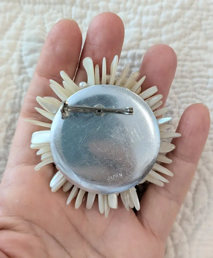 Vintage Spikey and Lustrous Mother of Pearl Brooch with Faux Pearls and Rhinestones, Japan