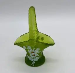 Westmoreland Green Satin Frosted Glass Vintage Floral Hand Painted Basket