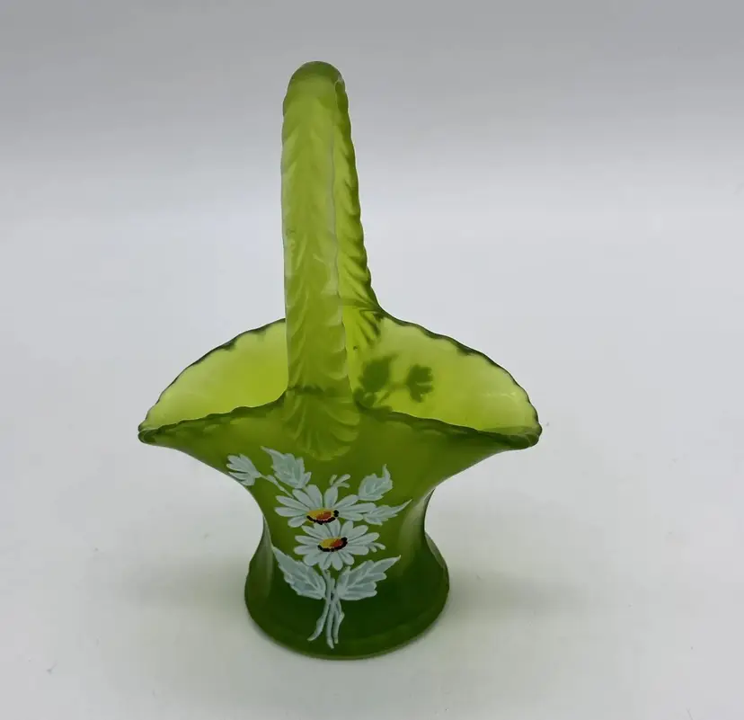 Westmoreland Green Satin Frosted Glass Vintage Floral Hand Painted Basket