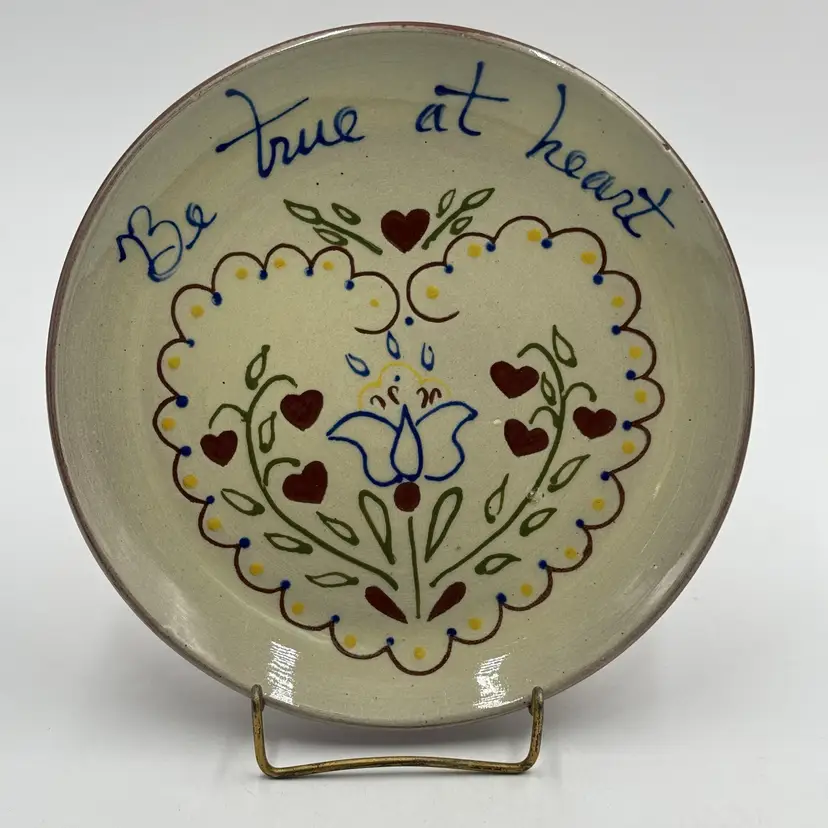 Gris Pottery Dundee Illinois Folk Art Redware Terracotta 7” Plate Be True At Heart 1987