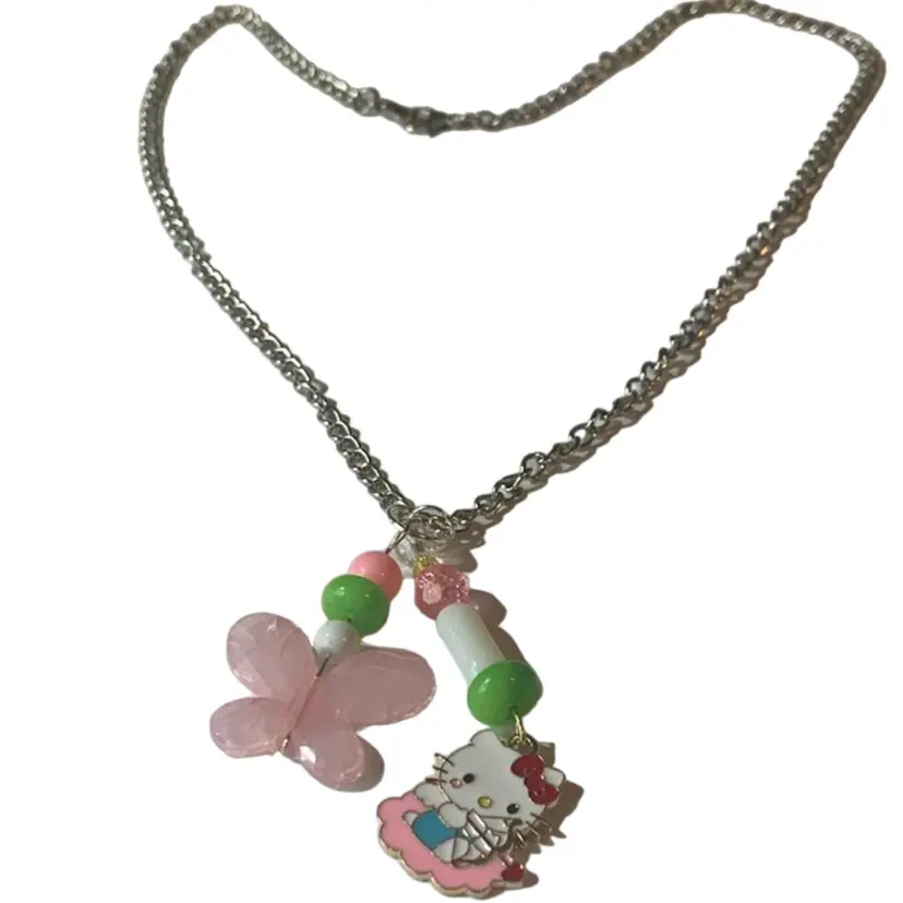 Handcrafted Costume Jewelry Necklace Glass And Acrylic Bead Silver Tone Cat And Butterfly Dangle And Chain Pendant The Pink Butterfly 🦋 Pendant Is Super Glowy