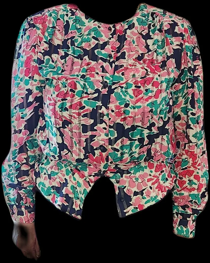 Vintage NICOLA Pleated Polyester Blouse Sz 14 Pink Teal Retro Floral Navy Blue
