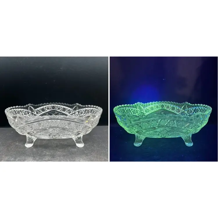 #340B Antique EAPG Indiana Glass Gaelic Pattern 4-Toed Footed Oblong Oval Serving Bowl with UV Uranium Glow