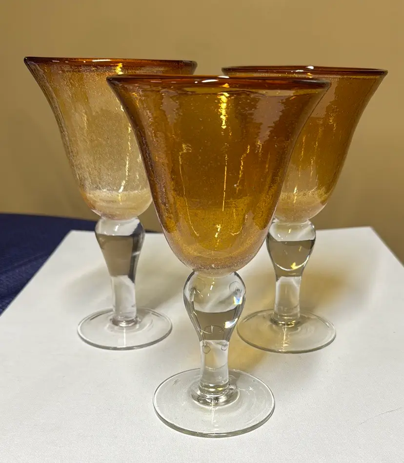Artland Iris Amber Seeded Bubble Hand Blown Glasses Goblets Set of 3 8.25” tall
