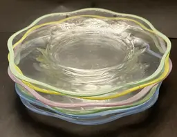 Ruffle-Edged Clear Glass Plates with Pastel Colored Rims Unmarked Lot of 6