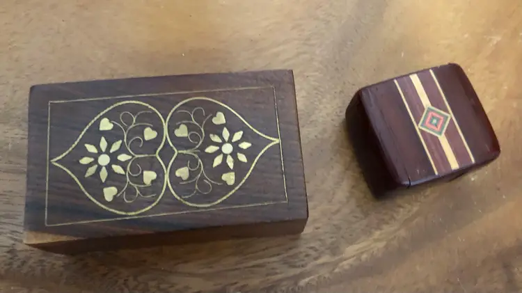 Wood Box With Brass Inlay & Stamp Dispenser